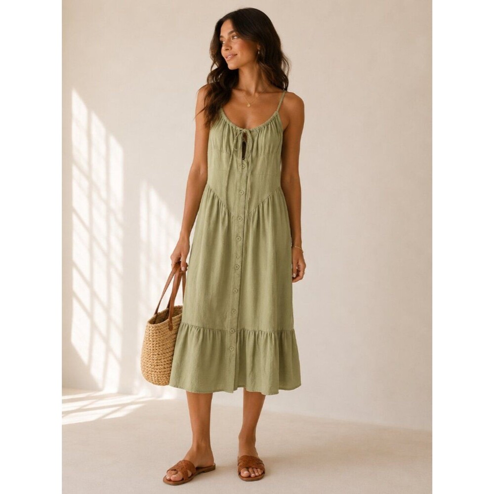 Sage Green Linen Blend Midi Dress Cottagecore Coastal Boho Romantic Button Front